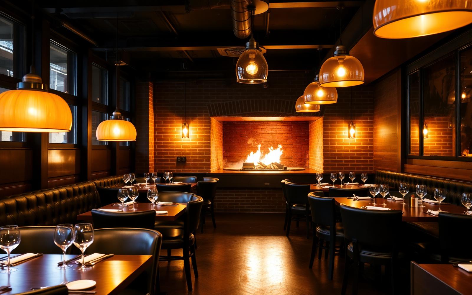 Interior del restaurante Ember Barcelona con brasa y ambiente cálido